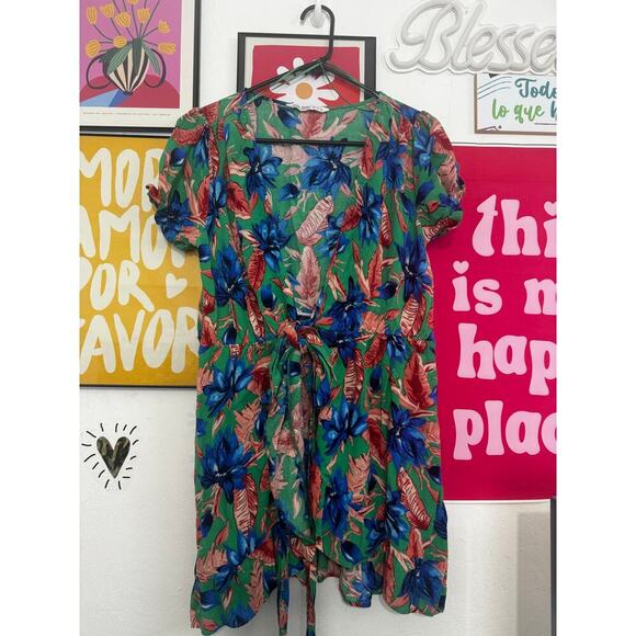ZARA BASIC Z1975 Green Floral Wrap Dress M | Puff Sleeve Belted Mini Boho Style - Picture 4 of 7